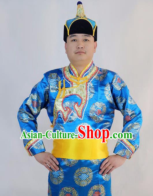 Chinese Traditional Mongol Nationality Blue Costumes Mongolian Ethnic Dance Robe for Men