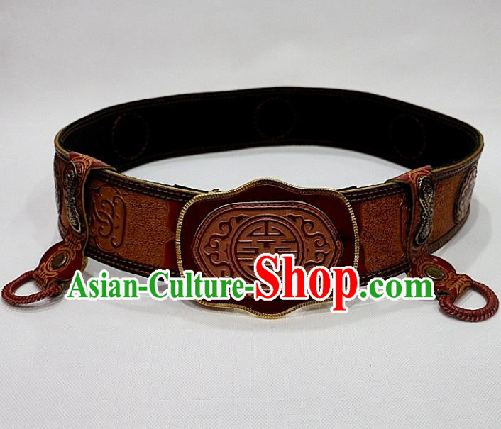 Traditional Chinese Mongol Nationality Male Yellow Leather Belts Mongolian Ethnic Waistband for Men