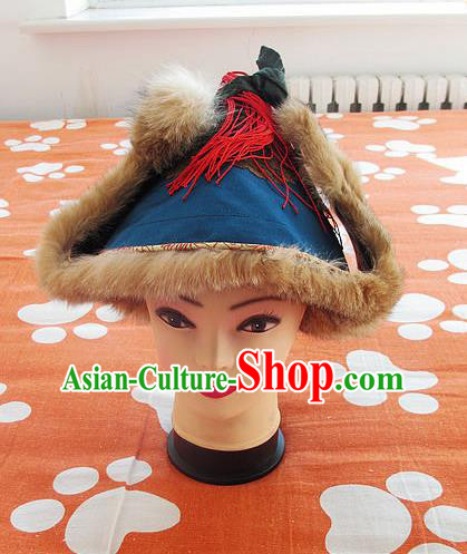 Traditional Chinese Mongol Nationality Winter Headwear Mongolian Ethnic Marten Blue Hat for Men