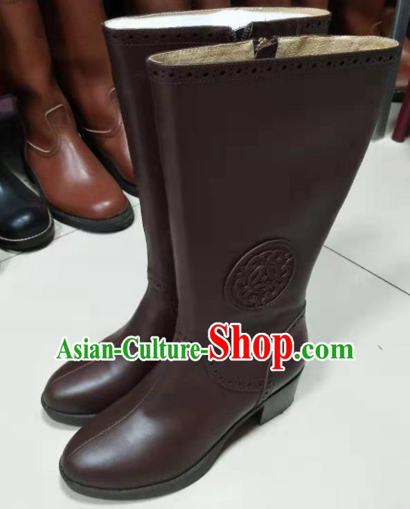 Chinese Traditional Mongol Nationality Brown Leather Boots Mongolian Ethnic Riding Boots for Women