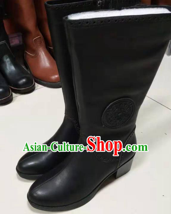 Chinese Traditional Mongol Nationality Black Leather Boots Mongolian Ethnic Riding Boots for Women