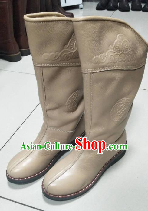 Chinese Traditional Mongol Nationality Khaki Riding Boots Mongolian Ethnic Shoes Winter Leather Boots for Women