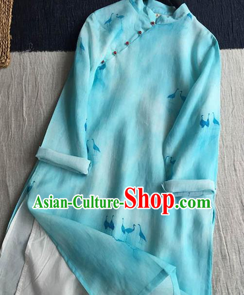 Chinese Traditional Tang Suit Printing Light Blue Ramie Cheongsam National Costume Qipao Dress for Women