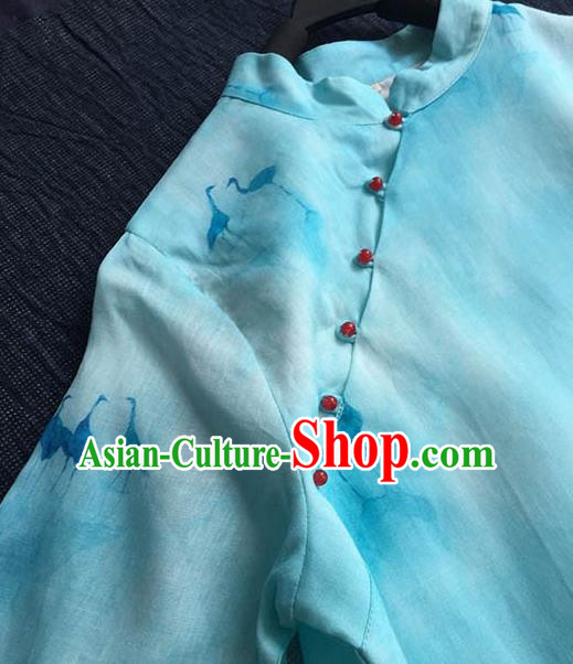 Chinese Traditional Tang Suit Printing Light Blue Ramie Cheongsam National Costume Qipao Dress for Women
