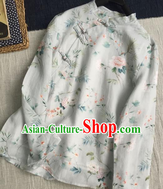 Chinese Traditional Tang Suit Printing Peony White Ramie Blouse National Upper Outer Garment Costume for Women