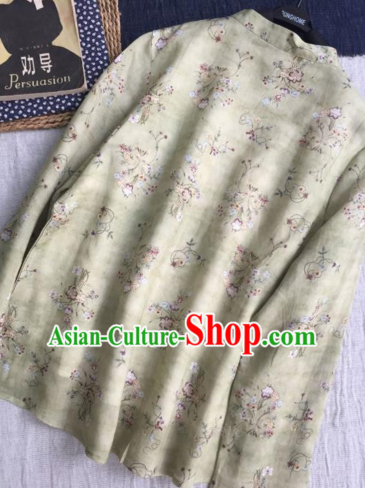 Chinese Traditional Tang Suit Printing Light Green Ramie Blouse National Upper Outer Garment Costume for Women