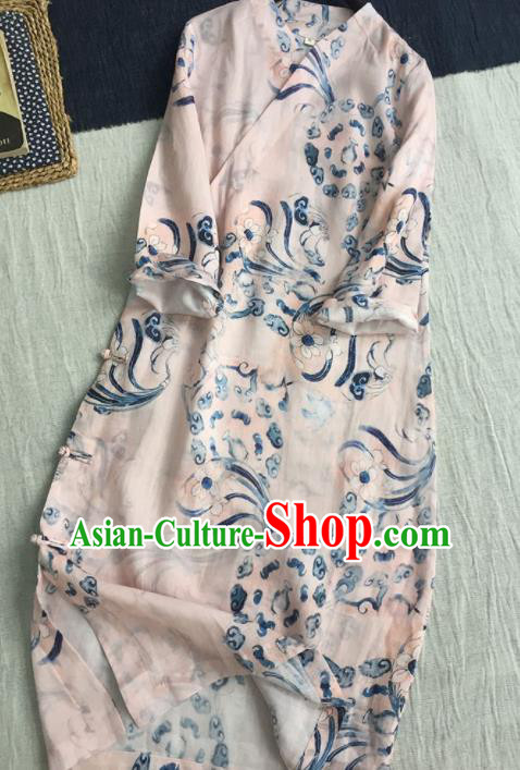 Chinese Traditional Tang Suit Printing Pink Ramie Cheongsam National Costume Qipao Dress for Women