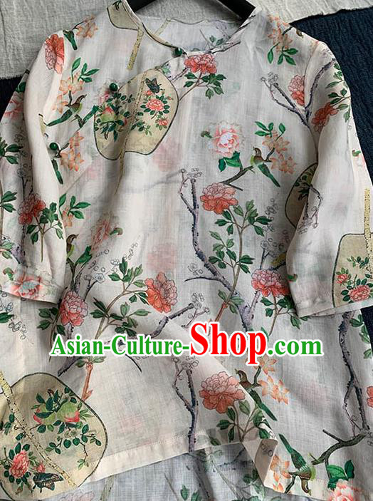 Chinese Traditional Tang Suit Printing Fan White Ramie Blouse National Upper Outer Garment Costume for Women