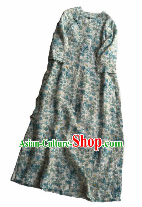 Chinese Traditional Tang Suit Printing Ramie Cheongsam National Costume Qipao Dress for Women