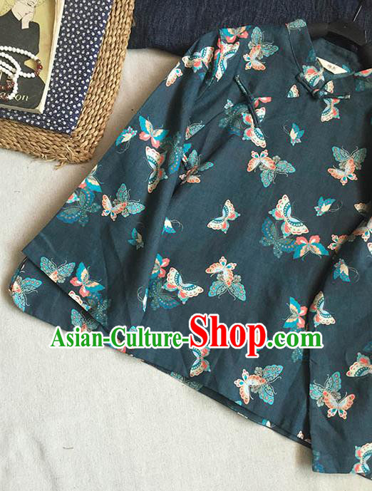 Chinese Traditional Tang Suit Printing Butterfly Atrovirens Ramie Blouse National Upper Outer Garment Costume for Women