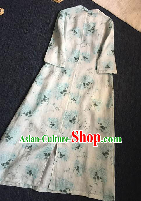Chinese Traditional Tang Suit Printing Chrysanthemum White Ramie Cheongsam National Costume Qipao Dress for Women
