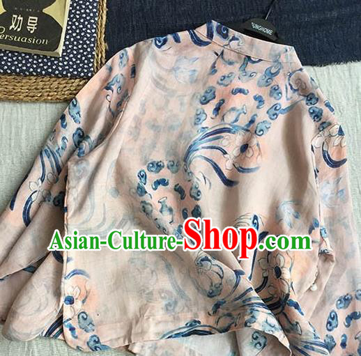 Chinese Traditional Tang Suit Printing Light Pink Ramie Blouse National Upper Outer Garment Costume for Women