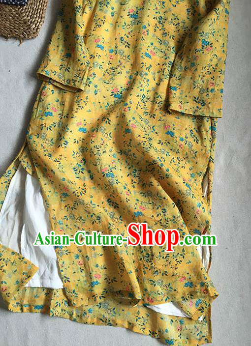 Chinese Traditional Tang Suit Printing Flowers Yellow Ramie Cheongsam National Costume Qipao Dress for Women