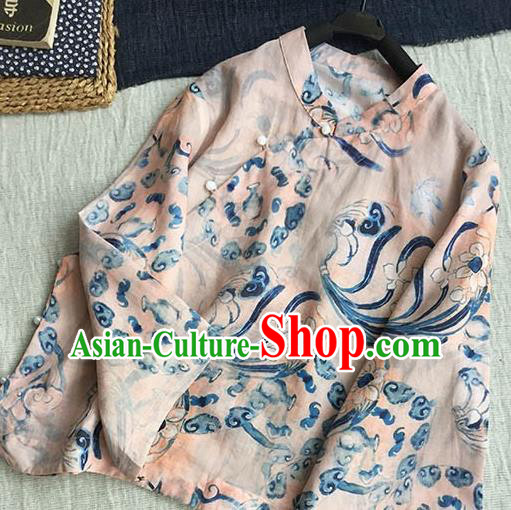Chinese Traditional Tang Suit Printing Light Pink Ramie Blouse National Upper Outer Garment Costume for Women