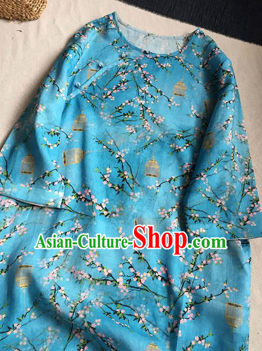 Chinese Traditional Tang Suit Printing Blue Ramie Blouse National Upper Outer Garment Costume for Women