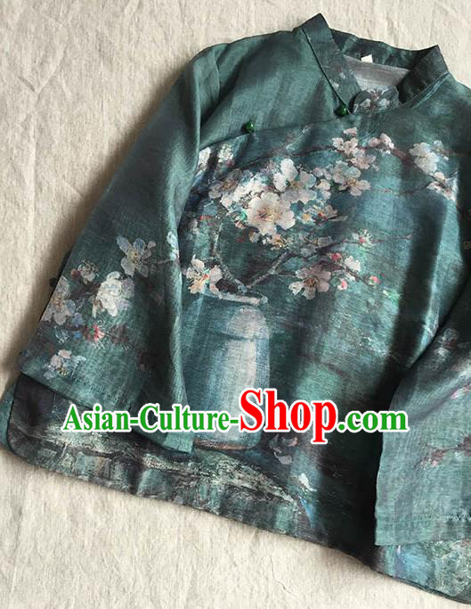 Chinese Traditional Tang Suit Printing Plum Atrovirens Ramie Blouse National Upper Outer Garment Costume for Women