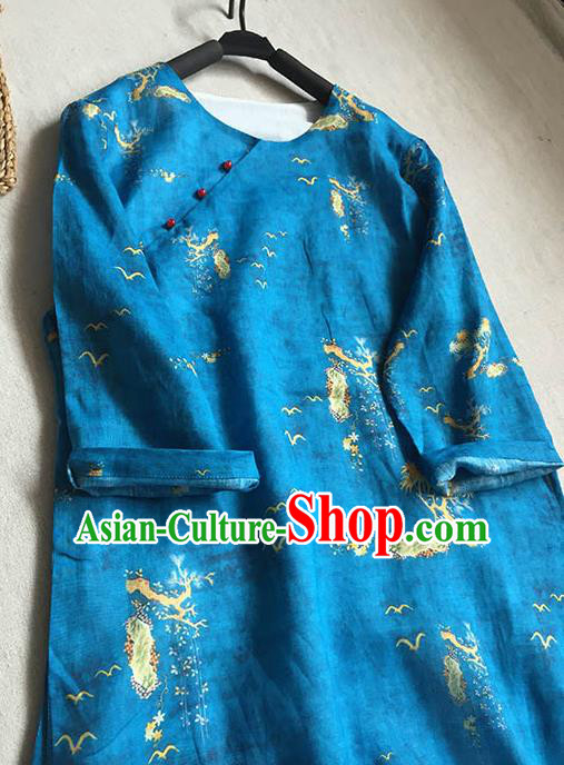 Chinese Traditional Tang Suit Printing Blue Ramie Cheongsam National Costume Qipao Dress for Women