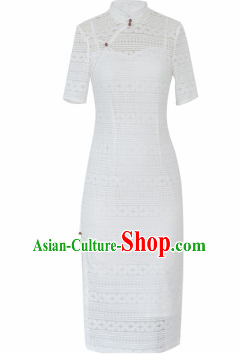 Chinese Traditional Tang Suit White Lace Cheongsam National Costume Qipao Dress for Women