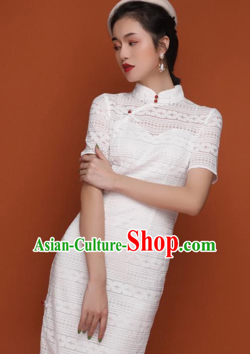Chinese Traditional Tang Suit White Lace Cheongsam National Costume Qipao Dress for Women