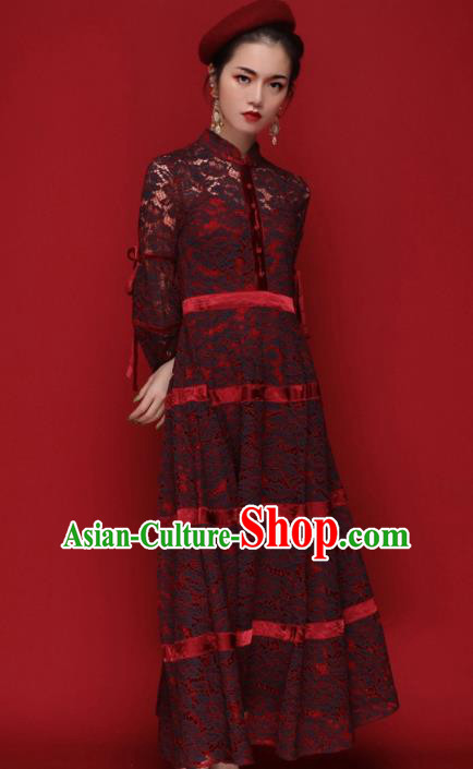 Chinese Traditional Tang Suit Wine Red Lace Cheongsam National Costume Qipao Dress for Women