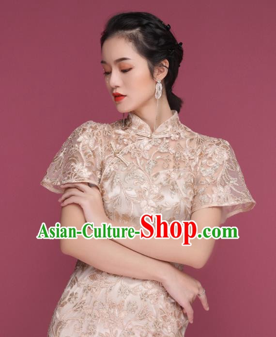 Chinese Traditional Tang Suit Champagne Cheongsam National Costume Qipao Dress for Women