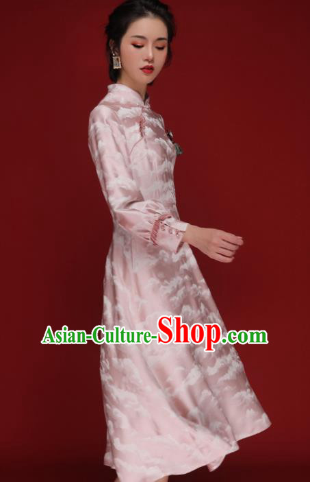 Chinese Traditional Tang Suit Pink Silk Cheongsam National Wedding Costume Qipao Dress for Women
