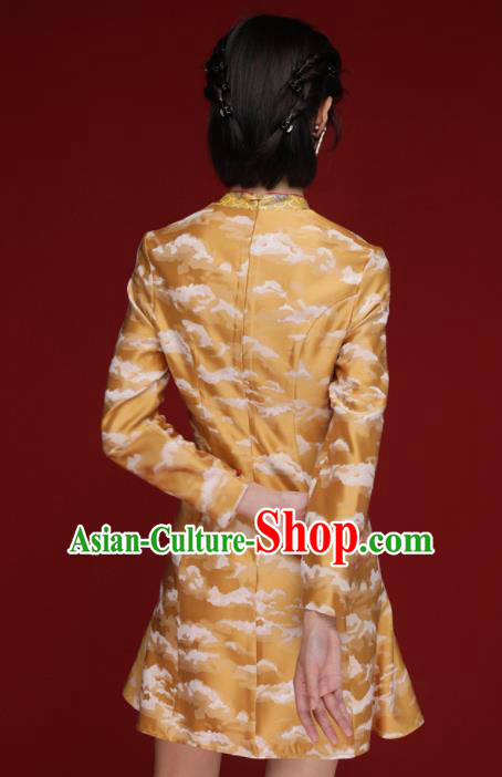 Chinese Traditional Tang Suit Yellow Silk Cheongsam National Costume Qipao Dress for Women