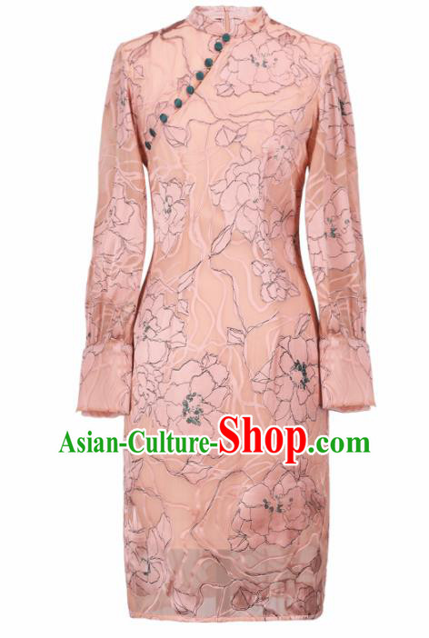 Chinese Traditional Tang Suit Pink Cheongsam National Costume Qipao Dress for Women