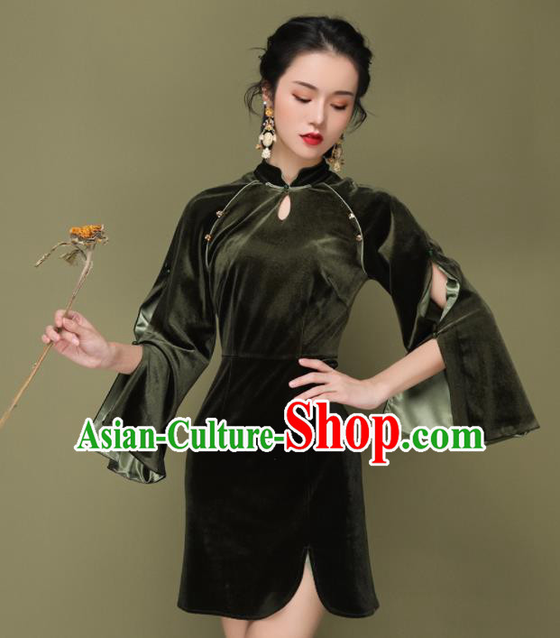 Chinese Traditional Tang Suit Atrovirens Pleuche Cheongsam National Costume Qipao Dress for Women