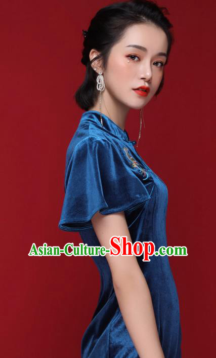Chinese Traditional Tang Suit Royalblue Pleuche Cheongsam National Costume Qipao Dress for Women