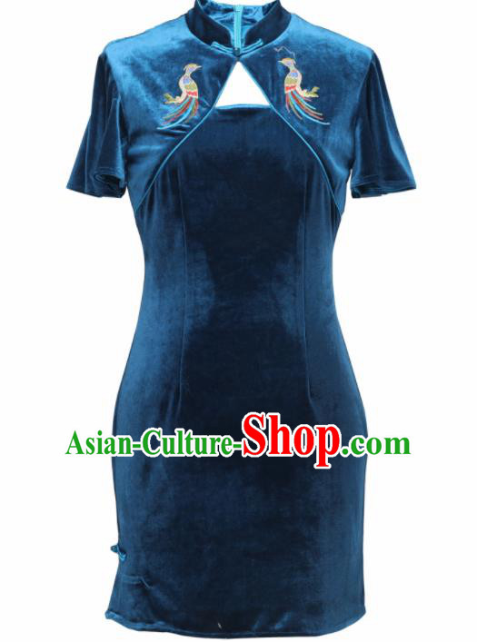 Chinese Traditional Tang Suit Royalblue Pleuche Cheongsam National Costume Qipao Dress for Women
