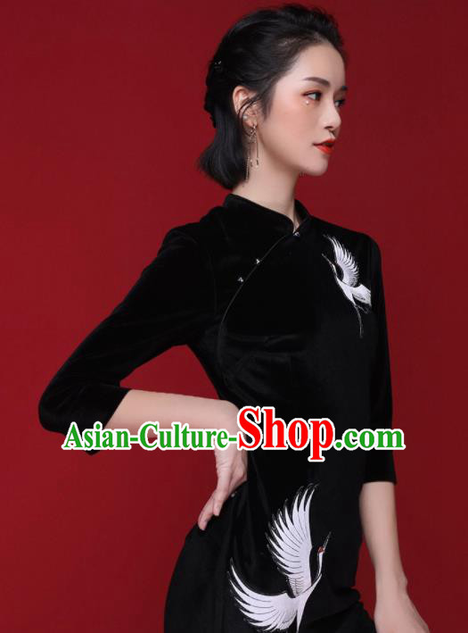 Chinese Traditional Tang Suit Embroidered Crane Black Pleuche Cheongsam National Costume Qipao Dress for Women