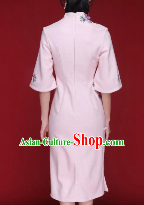 Chinese Traditional Tang Suit Embroidered Chrysanthemum Pink Wool Cheongsam National Costume Qipao Dress for Women