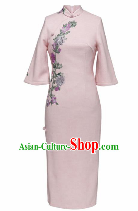 Chinese Traditional Tang Suit Embroidered Chrysanthemum Pink Wool Cheongsam National Costume Qipao Dress for Women