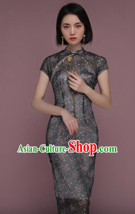 Chinese Traditional Tang Suit Dark Green Cheongsam National Costume Qipao Dress for Women