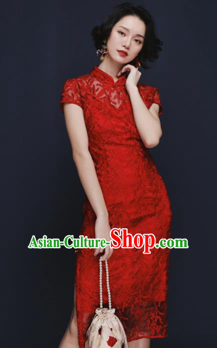 Chinese Traditional Tang Suit Red Lace Wedding Cheongsam National Costume Qipao Dress for Women