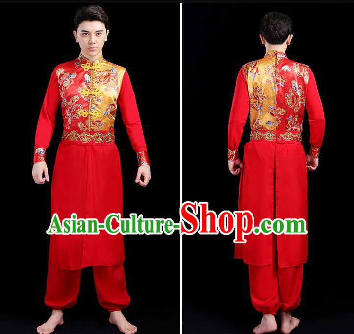Traditional Chinese Drum Dance Folk Dance Red Outfits Classical Dance Yangko Costume for Men