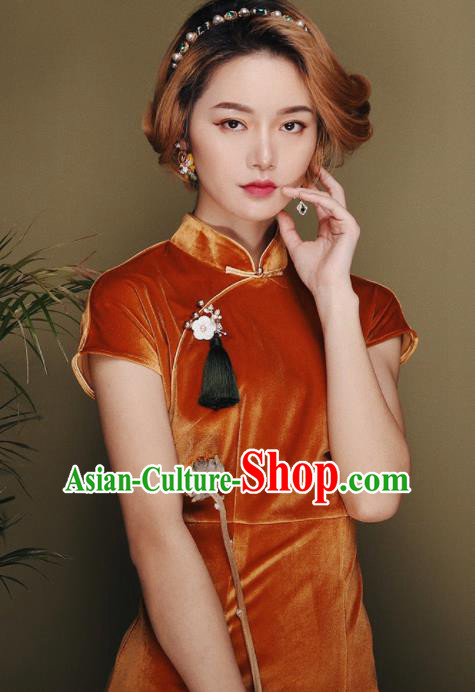 Chinese Traditional Tang Suit Orange Pleuche Cheongsam National Costume Qipao Dress for Women