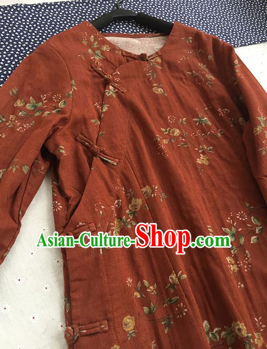 Chinese Traditional Tang Suit Printing Rust Red Ramie Cheongsam National Costume Qipao Dress for Women