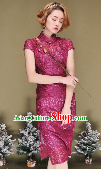 Chinese Traditional Tang Suit Retro Purple Cheongsam National Costume Qipao Dress for Women