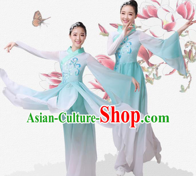 Chinese Traditional Umbrella Dance Light Green Dress Classical Dance Fan Dance Costume for Women