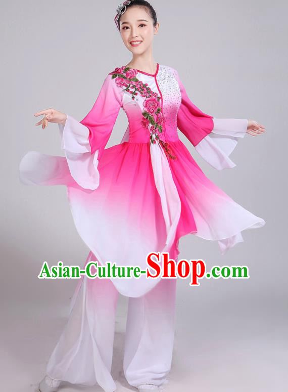 Chinese Traditional Umbrella Dance Stage Show Rosy Dress Classical Dance Fan Dance Costume for Women