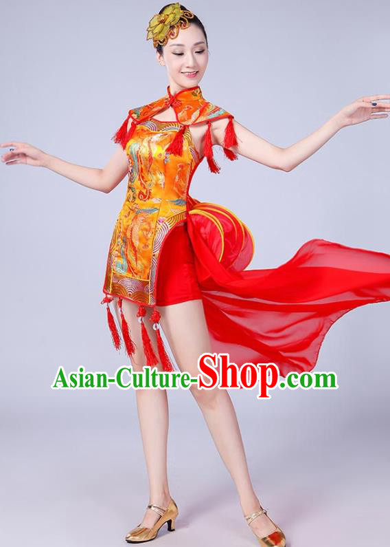 Chinese Traditional Folk Dance Yangko Golden Dress Drum Dance Group Dance Costume for Women