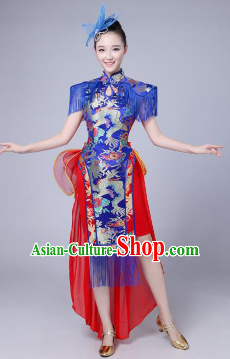 Chinese Traditional Folk Dance Drum Dance Royalblue Dress Yangko Group Dance Costume for Women
