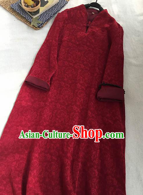 Chinese Traditional Tang Suit Dark Red Ramie Cheongsam National Costume Qipao Dress for Women