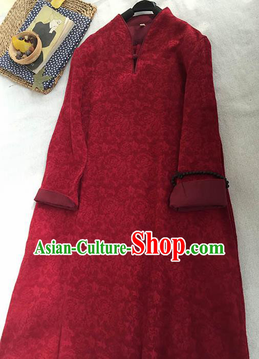 Chinese Traditional Tang Suit Dark Red Ramie Cheongsam National Costume Qipao Dress for Women