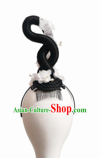 Chinese Traditional Classical Dance Bai Zhu Hair Accessories Fan Dance Wig Chignon Headdress for Women