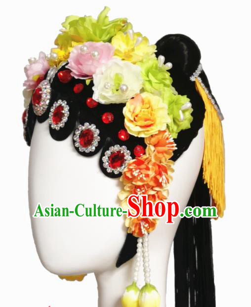 Chinese Traditional Classical Dance Beijing Opera Hair Accessories Fan Dance Wig Chignon Headdress for Women
