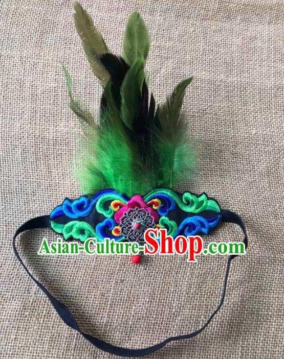 Chinese Traditional Tibetan Ethnic Green Feather Embroidered Hair Clasp Hair Accessories Zang Minority Nationality Headwear for Women