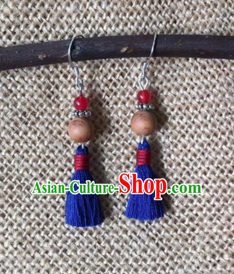 Chinese Traditional Ethnic Ear Accessories Nationality Blue Wool Yarn Earrings for Women